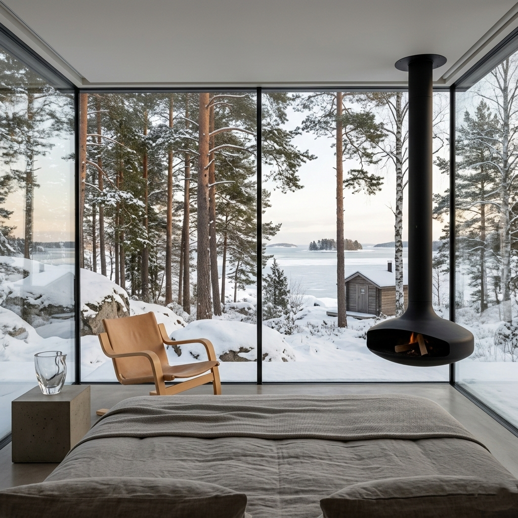 Alt="Minimalist luxury glass villa in the Finnish Archipelago overlooking the Baltic Sea - Edita Lux Holidays"