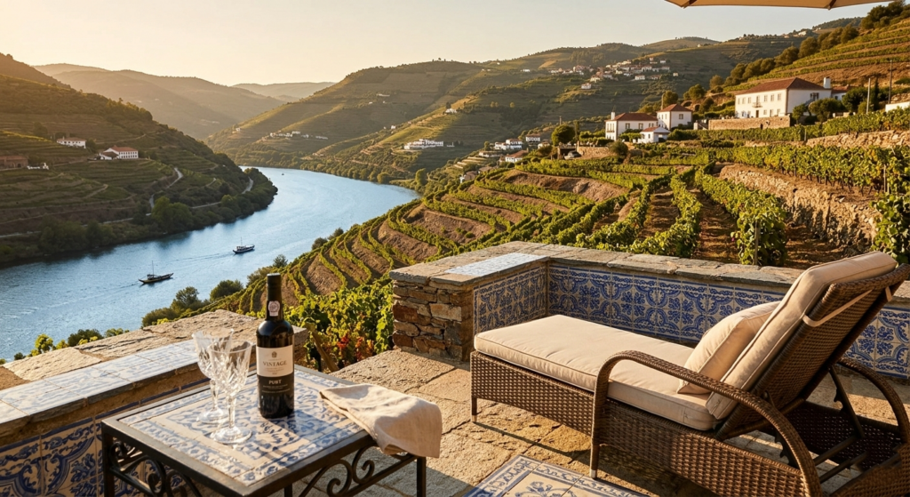 Alt="Luxury heritage estate terrace in the Douro Valley, Portugal, featuring traditional tiles and overlooking cascading vineyards - Edita Lux Holidays"