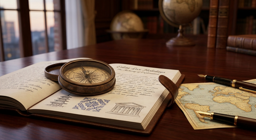 Alt="Conceptual luxury travel image showing a compass and a map on a refined wooden desk - Edita Lux Holidays"