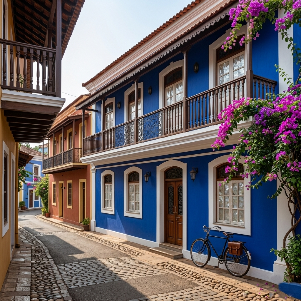 Alt="Meticulously restored Indo-Portuguese blue heritage house in Fontainhas, Goa, featuring intricate balconies and mother-of-pearl windows - Edita Lux Holidays"