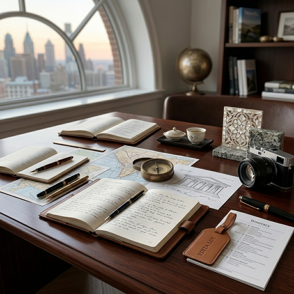 Alt="A high-end travel designer's desk with maps, compass, and architectural sketches - Edita Lux Holidays Manifesto"