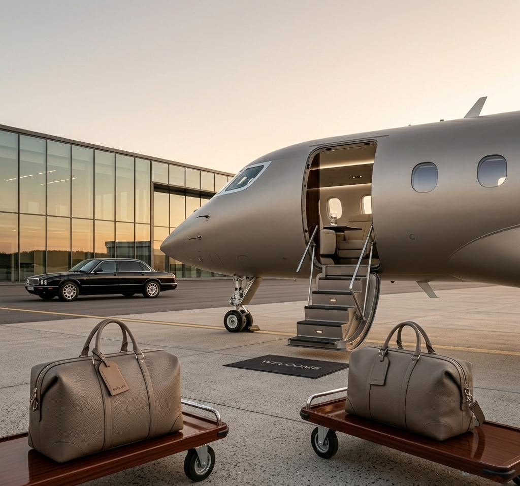 Alt="Minimalist private jet cabin entrance and high-end luggage cart on a secluded tarmac at sunset - Edita Lux Holidays Private Jet Advantage"