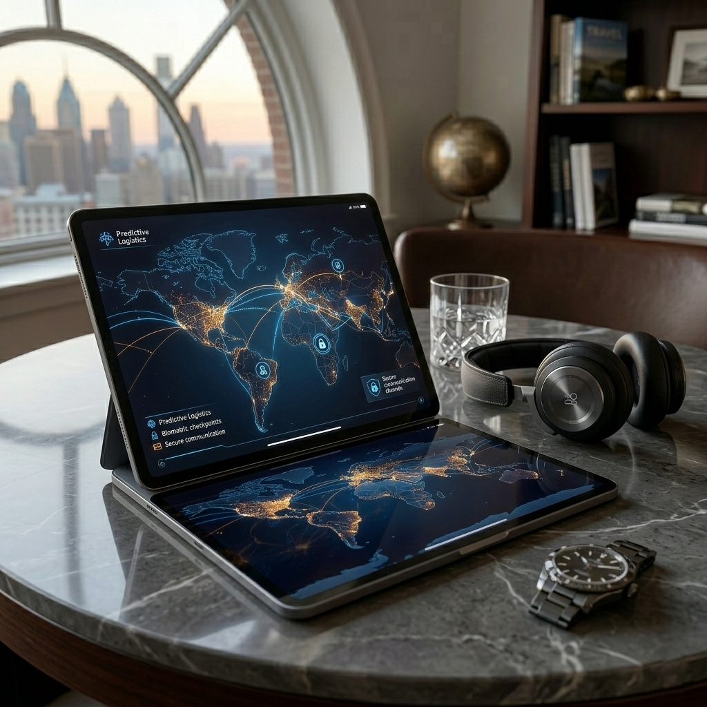 Alt="A sleek, high-tech digital interface on a tablet next to a designer watch and a glass of water in a luxury lounge - Edita Lux Holidays Logistics"